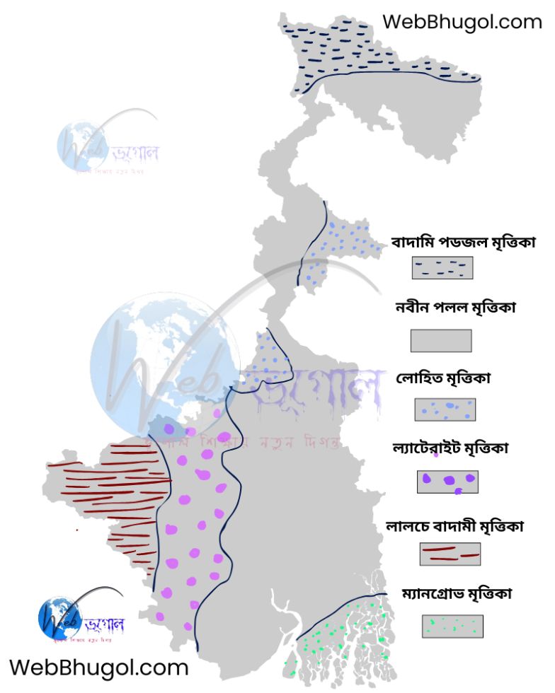 পশ্চিমবঙ্গের মৃত্তিকার শ্রেণীবিভাগ | Map showing different soil types of West Bengal for Class 9 and WBCS exams"