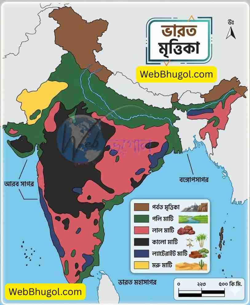 ভারতের মাটির প্রকারভেদের একটি আধুনিক শিক্ষামূলক পোস্টার-শৈলী মানচিত্র। কিংবদন্তি অংশে প্রতিটি মাটির প্রকারের জন্য প্রতীকী আইকন (পাহাড়, ধানক্ষেত, তুলা গাছ, মরুভূমি) যুক্ত করা হয়েছে। লেবেল এবং কিংবদন্তি বাংলায়। | Webbhugol