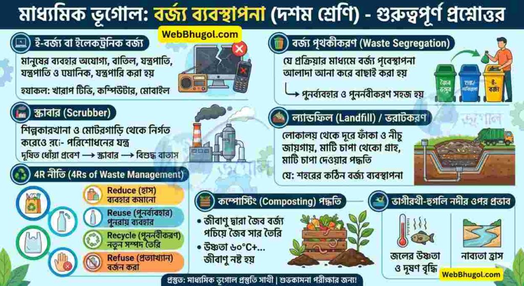 দশম শ্রেণির ভূগোল: বর্জ্য ব্যবস্থাপনা ইনফোগ্রাফিক - ই-বর্জ্য, ল্যান্ডফিল, ৪R নীতি, এবং নদীর দূষণ