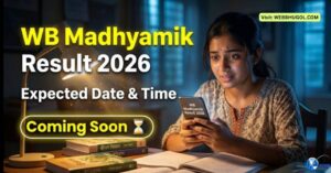 West Bengal Madhyamik Result 2026 expected date and time thumbnail featuring a concerned Bengali girl student looking at her mobile in the dark, with Bengali textbooks 'ইতিহাস' (History) and 'জীবন বিজ্ঞান' (Life Science) on the table. The large yellow and white text 'WB Madhyamik Result 2026' and 'Expected Date & Time' is visible. The phrase 'Coming Soon' is in a yellow box