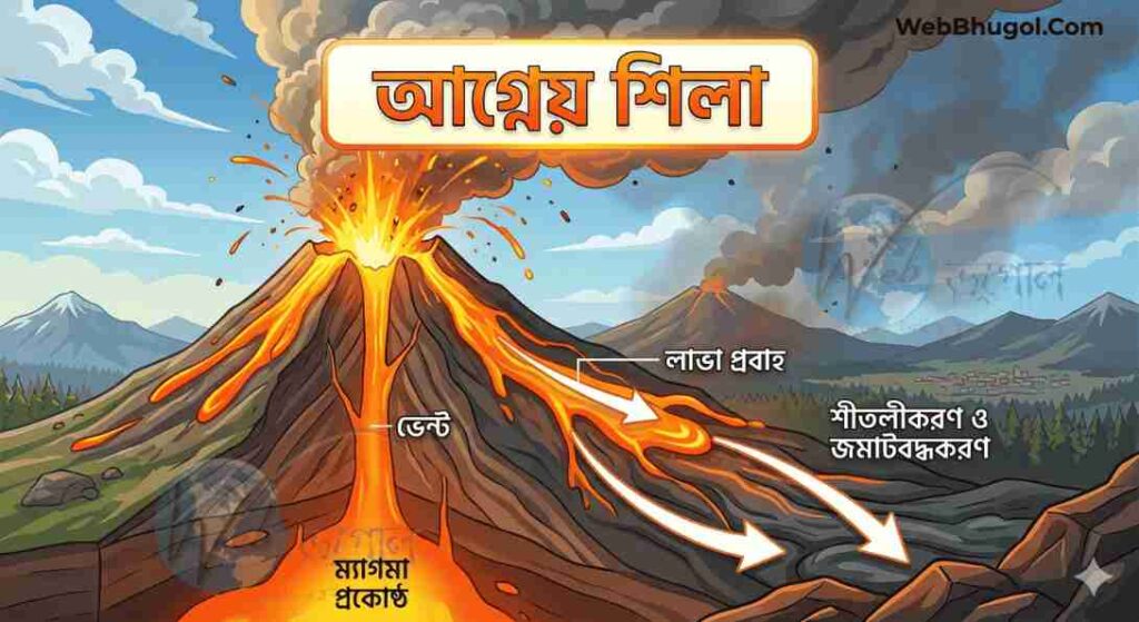 একটি আগ্নেয়গিরির অগ্ন্যুৎপাতের রঙিন ইনফোগ্রাফিক যেখানে ম্যাগমা প্রকোষ্ঠ থেকে লাভা বের হয়ে এসে ঠান্ডা হওয়ার মাধ্যমে আগ্নেয় শিলা (Igneous Rock) তৈরির প্রক্রিয়া দেখানো হয়েছে।