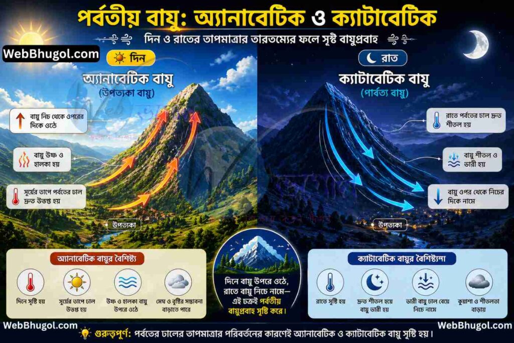 অ্যানাবেটিক ও ক্যাটাবেটিক বায়ুর ইনফোগ্রাফিক যেখানে দিনের বেলায় উষ্ণ বায়ু পাহাড়ের ঢাল বেয়ে উপরে ওঠা এবং রাতে ঠান্ডা বায়ু নিচে নেমে আসা চিত্রের মাধ্যমে দেখানো হয়েছে