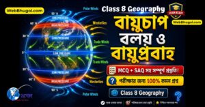 বায়ুচাপ বলয় ও বায়ুপ্রবাহ এর 3D চিত্র যেখানে পৃথিবীর উপর 0°, 30°, 60°, 90° অক্ষাংশে চাপ বলয় ও Trade Winds, Westerlies, Polar Winds দেখানো হয়েছে – Class 8 Geography MCQ SAQ প্রস্তুতি