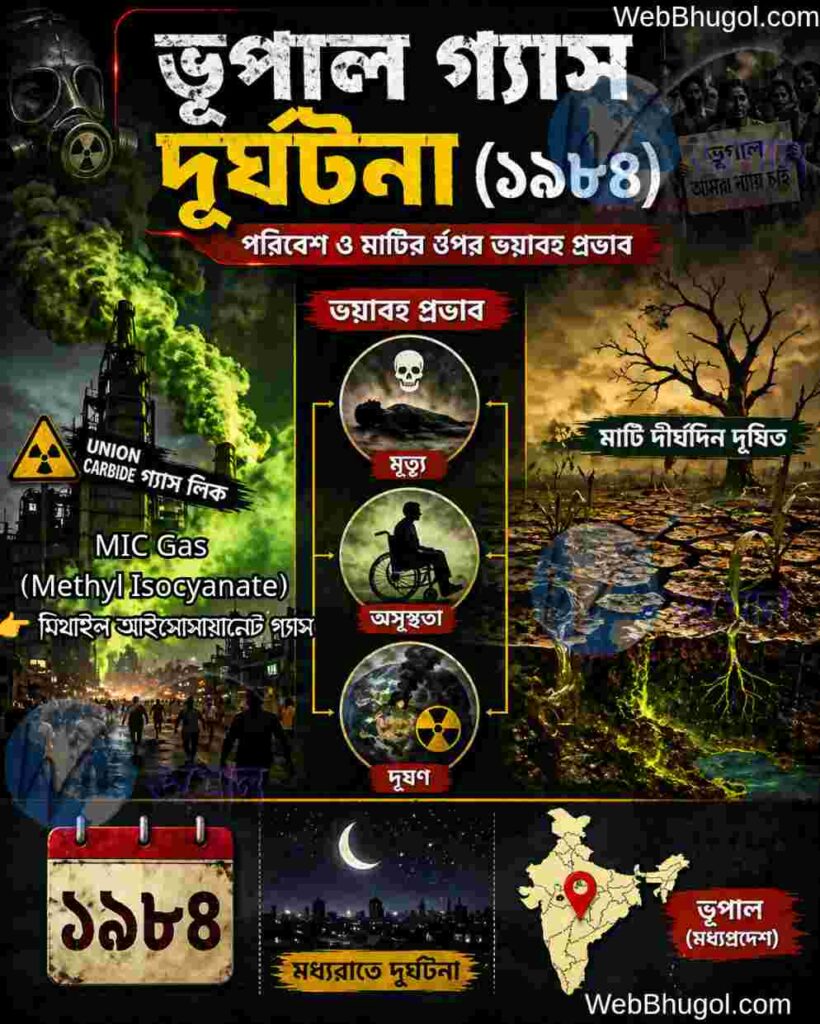 ভূপাল গ্যাস দুর্ঘটনা ১৯৮৪ ইনফোগ্রাফিক যেখানে ইউনিয়ন কার্বাইড থেকে গ্যাস লিক, মানুষের মৃত্যু, অসুস্থতা এবং মাটি ও বায়ু দূষণের প্রভাব দেখানো হয়েছে