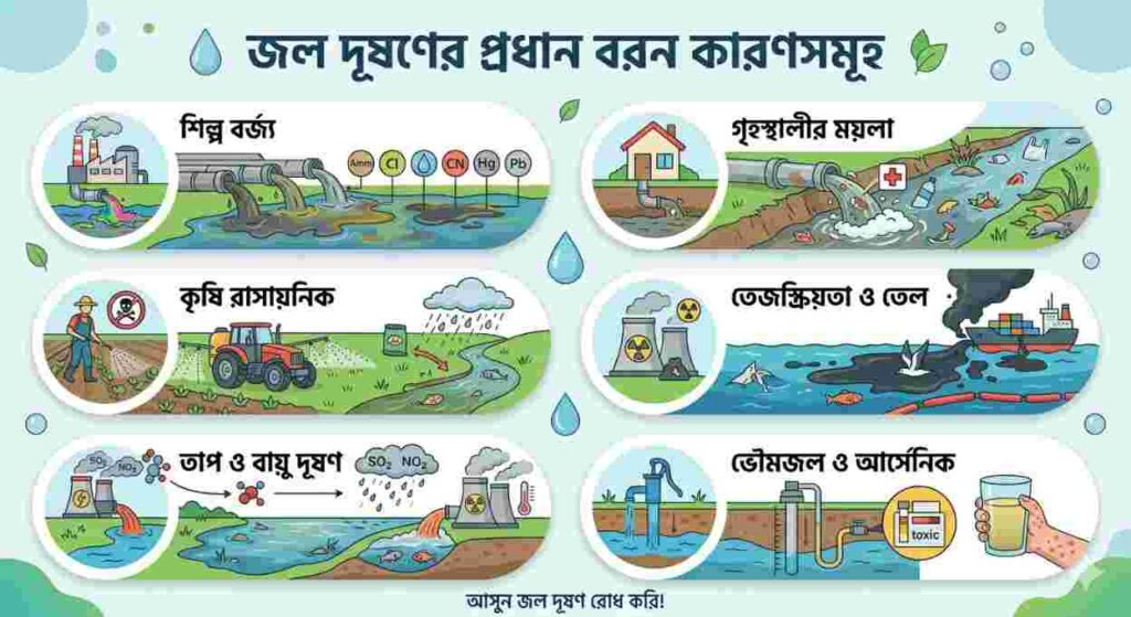 জল দূষণের প্রধান উৎস ও কারণসমূহ বোঝানোর জন্য একটি শিক্ষামূলক ইনফোগ্রাফিক।