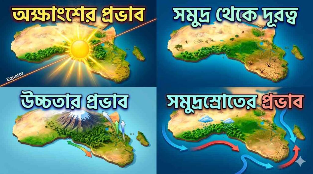 Class 7 Geography Africa climate and vegetation factors latitude altitude ocean currents distance from sea Bengali infographic