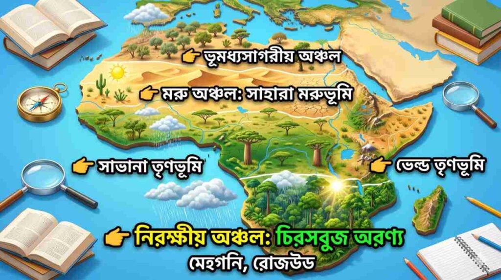 Class 7 Geography Africa climate and vegetation relationship equatorial savanna desert Mediterranean Bengali infographic