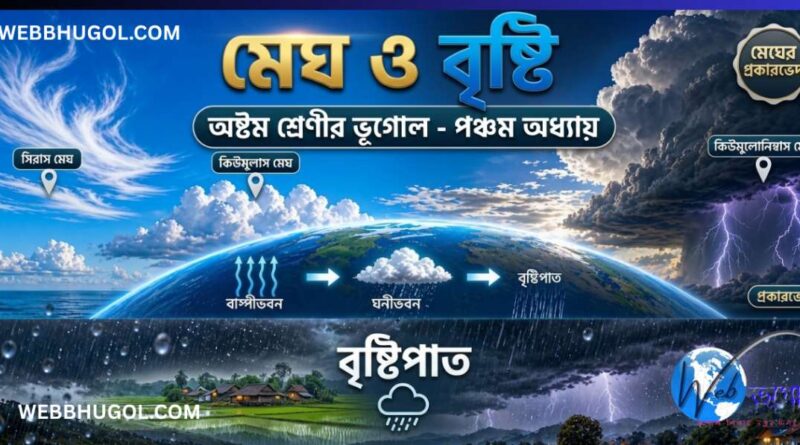 অষ্টম শ্রেণির ভূগোল পঞ্চম অধ্যায় মেঘ ও বৃষ্টি। এখানে মেঘের প্রকারভেদ (সিরাস, কিউমুলাস, কিউমুলোনিম্বাস) এবং জলচক্রের মাধ্যমে বৃষ্টিপাতের সম্পূর্ণ প্রক্রিয়া দেখানো হয়েছে। | Class 8 মেঘ ও বৃষ্টি
