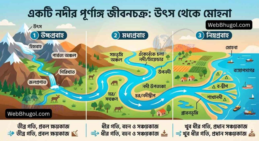 একটি নদীর পূর্ণাঙ্গ জীবনচক্র উৎস থেকে মোহনা পর্যন্ত দেখানো হয়েছে। এটি একটি শিক্ষামূলক ইনফোগ্রাফিক যেখানে উচ্চপ্রবাহ (পার্বত্য অঞ্চল), মধ্যপ্রবাহ (সমভূমি) ও নিম্নপ্রবাহ (ব-দ্বীপ অঞ্চল) এর লেবেলগুলো বাংলায় করা হয়েছে। এতে নদীর কাজ, গিরিখাত, জলপ্রপাত, প্লাবনভূমি, মোহনা, বঙ্গোপসাগর, ব-দ্বীপ ও অন্যান্য ভৌগোলিক বৈশিষ্ট্যগুলো বিস্তারিতভাবে তুলে ধরা হয়েছে।"