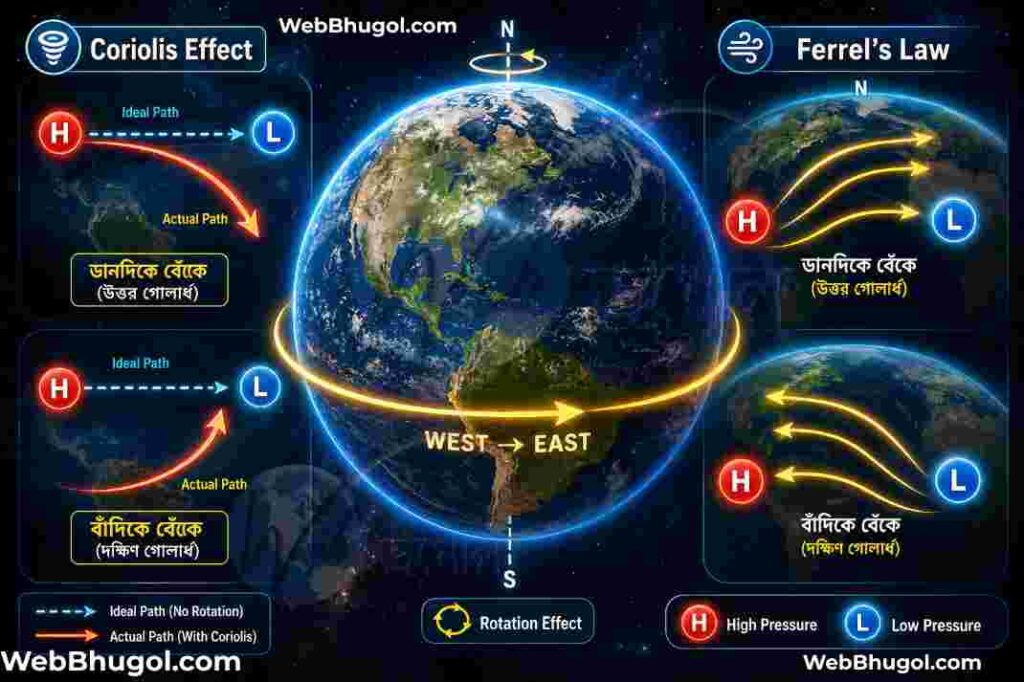 কোরিওলিস বল ও ফেরেলের সূত্রের ইনফোগ্রাফিক যেখানে পৃথিবীর ঘূর্ণনের কারণে বায়ুপ্রবাহের দিক পরিবর্তন (উত্তর গোলার্ধে ডানদিকে ও দক্ষিণ গোলার্ধে বাঁদিকে বেঁকে যাওয়া) চিত্রের মাধ্যমে দেখানো হয়েছে