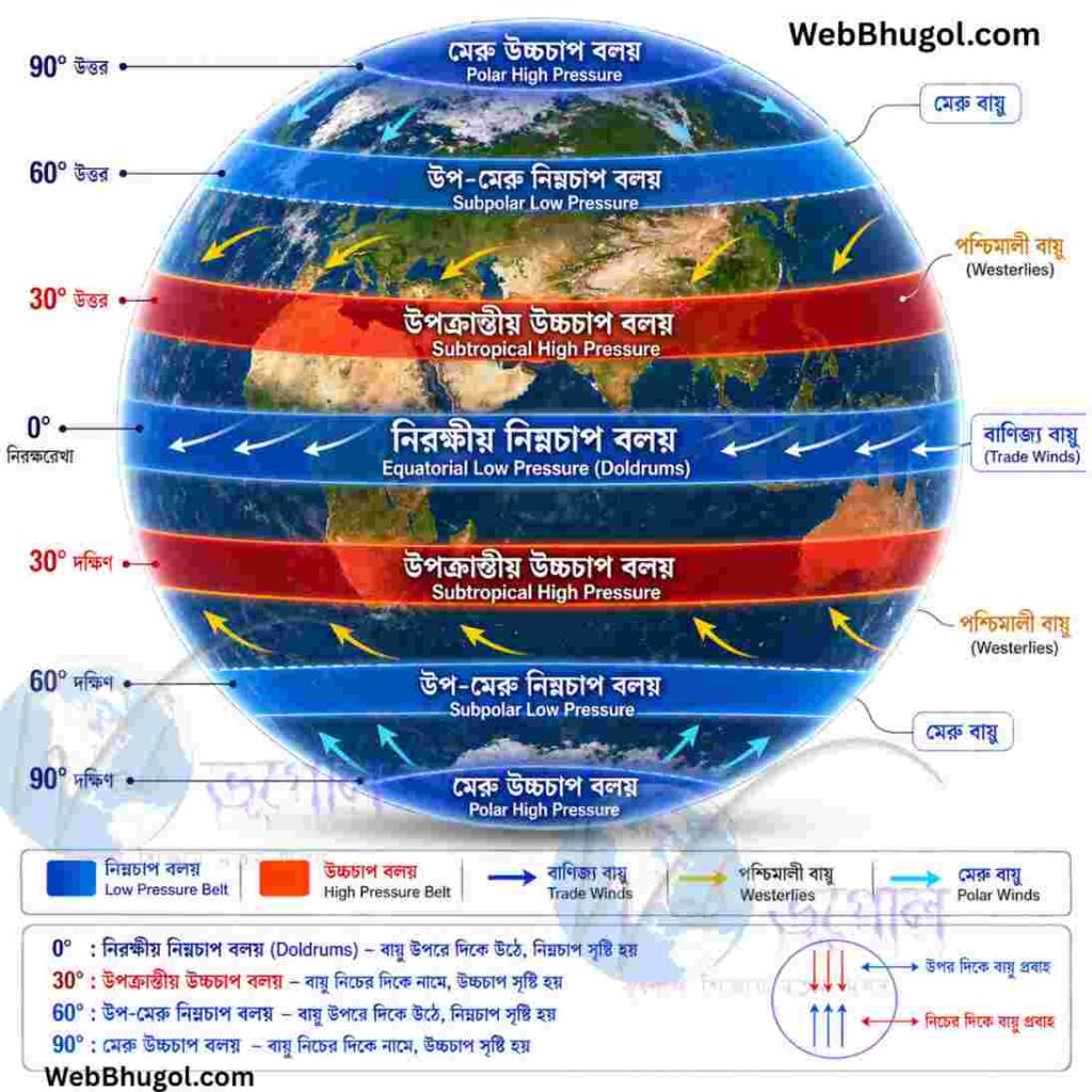 বাণিজ্য বায়ু, পশ্চিমালী বায়ু ও মেরু পূর্বালী বায়ু সহ বৈশ্বিক বায়ুপ্রবাহের চিত্র (Global Wind System Diagram in Bengali) | webbhugol