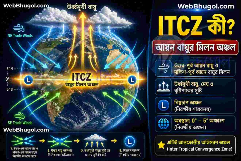 ITCZ বা আন্তঃক্রান্তীয় অভিসরণ অঞ্চলের ইনফোগ্রাফিক যেখানে নিরক্ষীয় অঞ্চলে উত্তর-পূর্ব ও দক্ষিণ-পূর্ব আয়ন বায়ুর মিলন, ঊর্ধ্বমুখী বায়ুপ্রবাহ ও মেঘ সৃষ্টি দেখানো হয়েছে