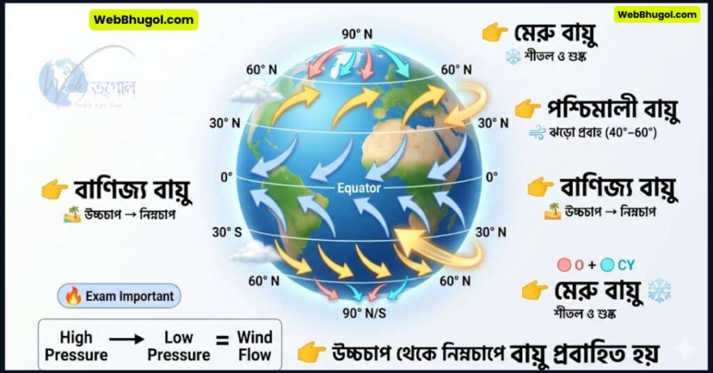 পৃথিবীর নিয়ত বায়ুপ্রবাহের চিত্র - বাণিজ্য বায়ু, পশ্চিমালী বায়ু এবং মেরু বায়ুর উৎপত্তি ও গতিপথ (Planetary Wind System in Bengali) | webbhugol