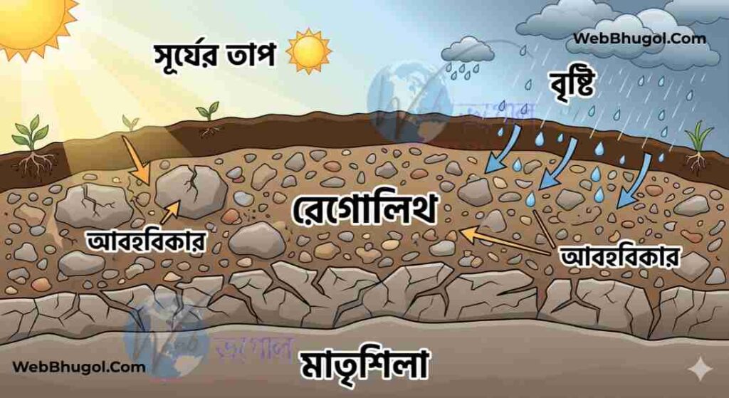 সূর্যের তাপ ও বৃষ্টির প্রভাবে আদি শিলা বা মাতৃশিলা ভেঙে রেগোলিথ (Regolith) বা শিলাচূর্ণ তৈরির প্রক্রিয়া। সপ্তম শ্রেণির ভূগোল শিলা ও মাটি অধ্যায়ের একটি শিক্ষামূলক ডায়াগ্রাম।