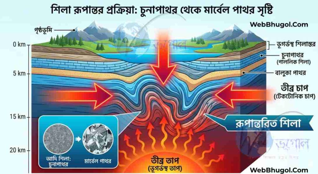 একটি ভূগর্ভস্থ স্তরের ডায়াগ্রাম যেখানে প্রচণ্ড তাপ ও চাপে চুনাপাথর থেকে মার্বেল পাথরে রূপান্তরিত হওয়ার প্রক্রিয়া এবং রূপান্তরিত শিলা সৃষ্টির ধাপগুলো বাংলায় দেখানো হয়েছে।"