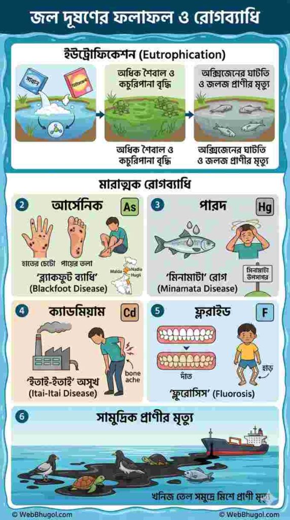 জল দূষণের ফলাফল, ইউট্রোফিকেশন এবং বিভিন্ন ক্ষতিকর রোগ যেমন ব্ল্যাকফুট, মিনামাটা, ইতাই-ইতাই ও ফ্লুরোসিস বোঝানোর শিক্ষামূলক ইনফোগ্রাফিক