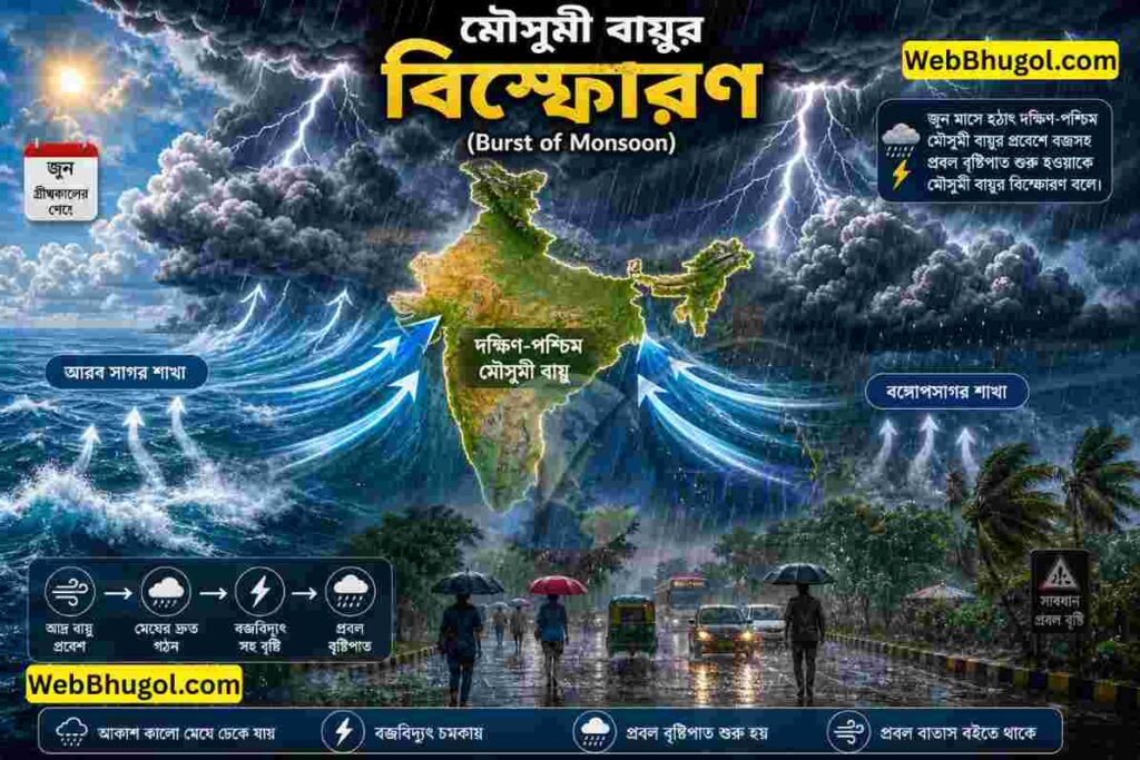 মৌসুমী বায়ুর বিস্ফোরণ ইনফোগ্রাফিক যেখানে আরব সাগর ও বঙ্গোপসাগর থেকে দক্ষিণ-পশ্চিম মৌসুমী বায়ুর প্রবাহ ও প্রবল বৃষ্টিপাত দেখানো হয়েছে”