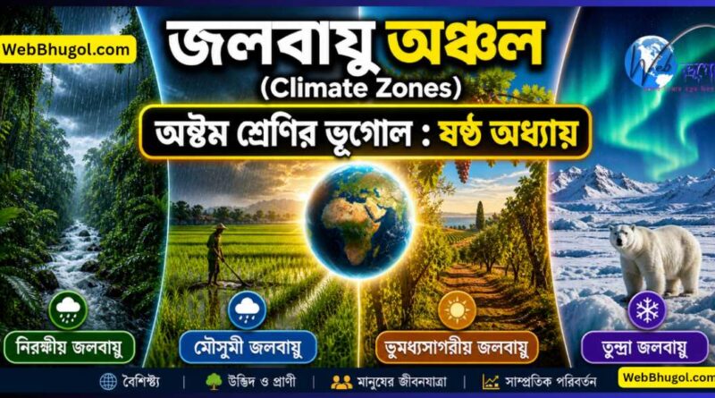 “অষ্টম শ্রেণির ভূগোল ষষ্ঠ অধ্যায় জলবায়ু অঞ্চল চিত্র – নিরক্ষীয়, মৌসুমী, ভূমধ্যসাগরীয় ও তুন্দ্রা জলবায়ুর উদাহরণ”
