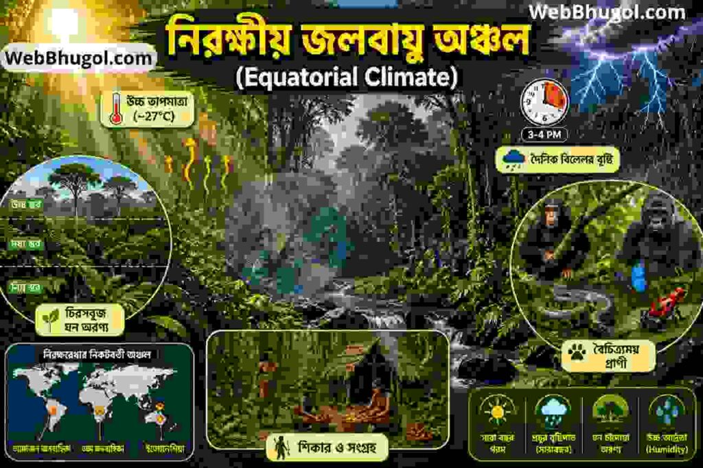 “নিরক্ষীয় জলবায়ু অঞ্চল ইনফোগ্রাফিক – Class 8 Geography, উচ্চ তাপমাত্রা, দৈনিক বৃষ্টি, চিরসবুজ অরণ্য ও প্রাণী | অষ্টম শ্রেণির ভূগোল: জলবায়ু অঞ্চল