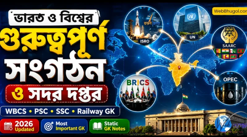ভারত ও বিশ্বের গুরুত্বপূর্ণ সংগঠন ও সদর দপ্তর WBCS PSC SSC Railway GK Notes 2026