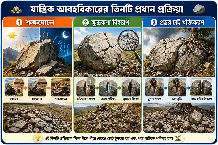 শল্কমোচন, ক্ষুদ্রকণা বিসরণ ও প্রস্তর চাঁই খণ্ডীকরণ প্রক্রিয়ার ইনফোগ্রাফিক চিত্র