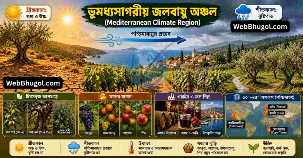 “ভূমধ্যসাগরীয় জলবায়ু অঞ্চল ইনফোগ্রাফিক – Class 8 Geography, শুষ্ক গ্রীষ্ম, শীতকালীন বৃষ্টি, ফলের বাগান ও পশ্চিমাবায়ু