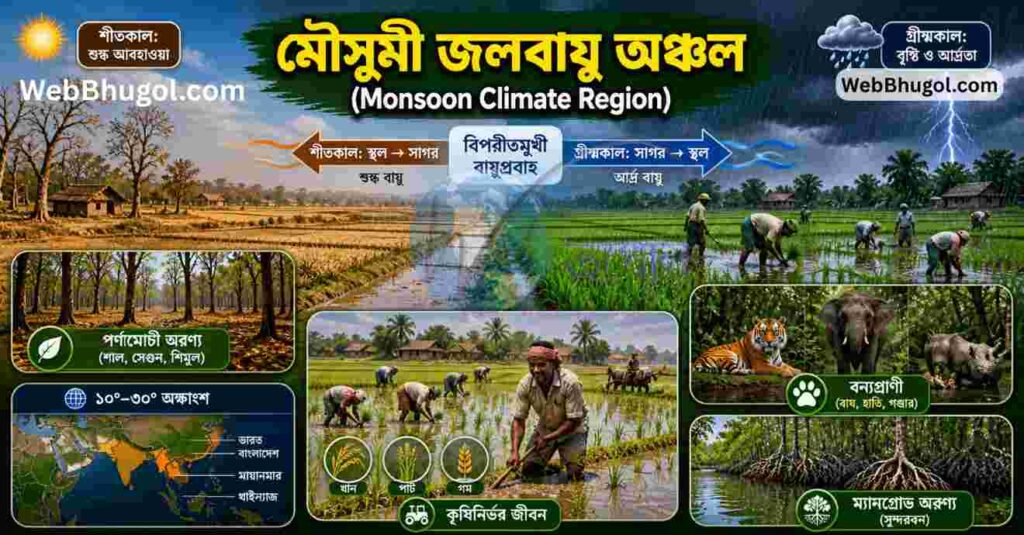 মৌসুমী জলবায়ু অঞ্চল ইনফোগ্রাফিক – Class 8 Geography, গ্রীষ্মে বৃষ্টি, শীতে শুষ্ক আবহাওয়া, বায়ুপ্রবাহ, কৃষিকাজ