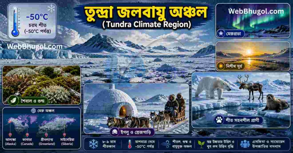 তুন্দ্রা জলবায়ু অঞ্চল ইনফোগ্রাফিক – Class 8 Geography, চরম শীত, মেরুপ্রভা, ইগলু, শ্লেজগাড়ি ও মেরুভল্লুক