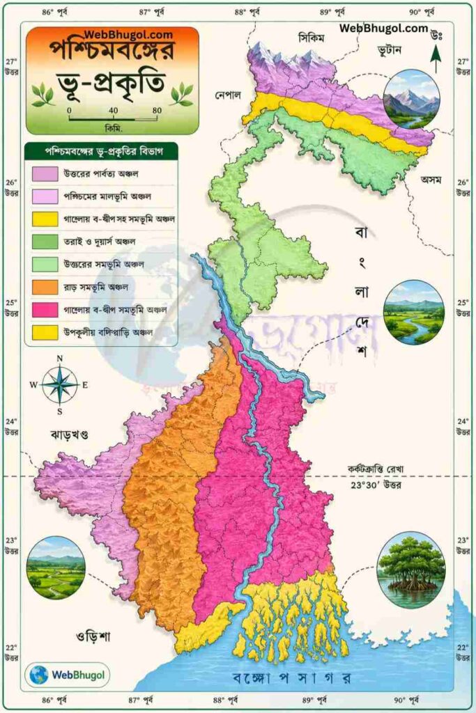 পশ্চিমবঙ্গের ভূ-প্রকৃতি মানচিত্র যেখানে উত্তরের হিমালয় পার্বত্য অঞ্চল, তরাই-ডুয়ার্স, উত্তর সমভূমি, রাঢ় সমভূমি, গাঙ্গেয় সমভূমি এবং সুন্দরবন উপকূলীয় অঞ্চল রঙের মাধ্যমে দেখানো হয়েছে।