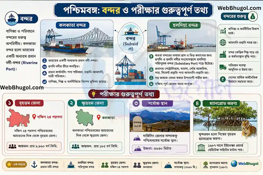 পশ্চিমবঙ্গের বন্দর ও গুরুত্বপূর্ণ তথ্য বিষয়ক ইনফোগ্রাফিক যেখানে কলকাতা বন্দর, হলদিয়া বন্দর, বৃহত্তম জেলা দক্ষিণ ২৪ পরগণা, ক্ষুদ্রতম জেলা কলকাতা, সান্দাকফু এবং সুন্দরবনের তথ্য দেখানো হয়েছে।