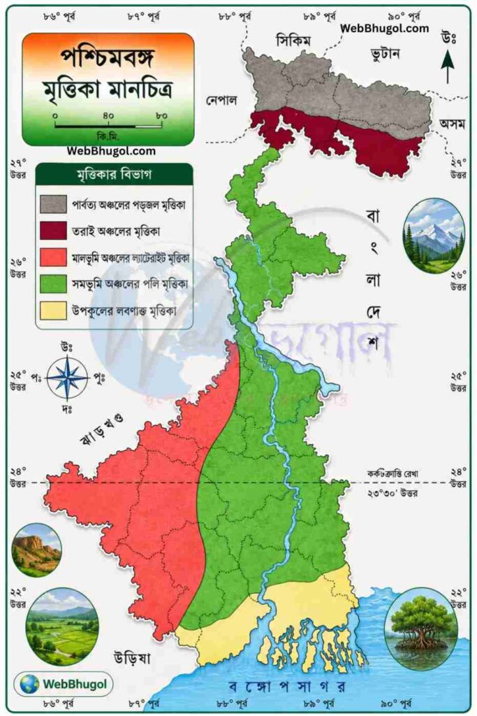 পশ্চিমবঙ্গের মৃত্তিকা মানচিত্র যেখানে পার্বত্য অঞ্চলের পডজল মৃত্তিকা, তরাই অঞ্চলের মৃত্তিকা, মালভূমি অঞ্চলের ল্যাটেরাইট মৃত্তিকা, সমভূমির পলিমাটি এবং উপকূলীয় লবণাক্ত মৃত্তিকার বিস্তার দেখানো হয়েছে।