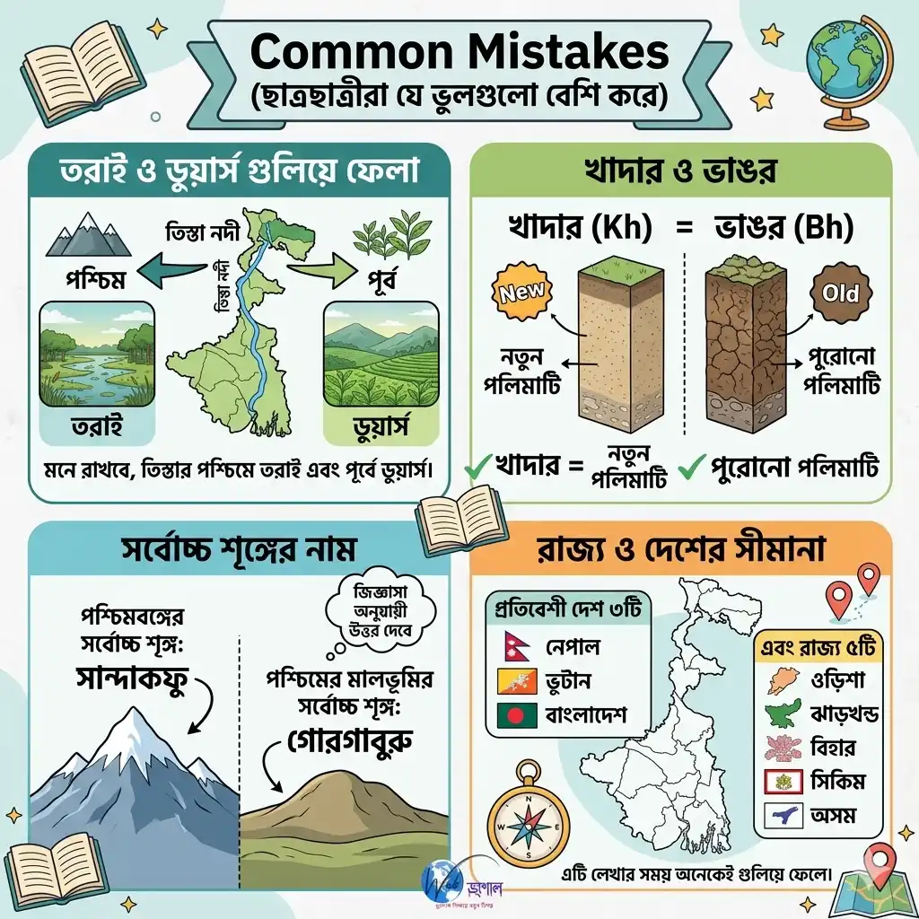 পশ্চিমবঙ্গের ভূগোলের সাধারণ ভুলগুলি (Common Mistakes in West Bengal Geography) নিয়ে একটি শিক্ষামূলক ইনফোগ্রাফিক। এতে চারটি বিভাগ রয়েছে: ১) তরাই ও ডুয়ার্স (তিস্তা নদীর মানচিত্র সহ), ২) খাদার ও ভাঙর (মাটির পার্থক্যের ছবি), ৩) পশ্চিমবঙ্গের সর্বোচ্চ শৃঙ্গ (সান্দাকফু বনাম গোরগাবুরু), এবং ৪) রাজ্য ও দেশের সীমানা (৩টি দেশ ও ৫টি রাজ্যের তালিকা)। নিচে 'ওয়েব ভূগোল' লোগো রয়েছে।